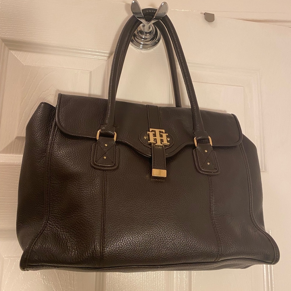 Tommy Hilfiger dark brown 100 % leather satchel hand purse